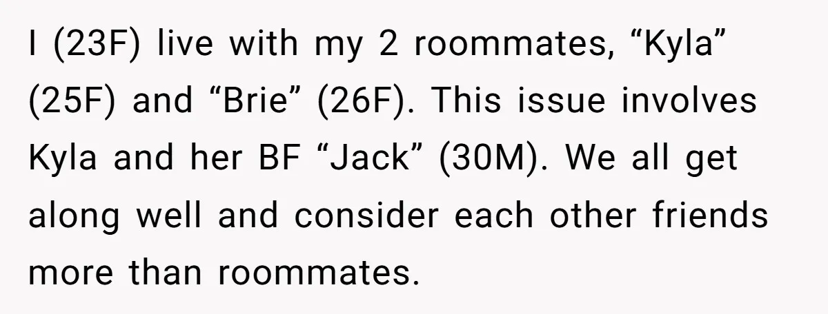 I (23F) live with my 2 roommates, “Kyla” (25F) and “Brie” (26F). This issue involves Kyla and her BF “Jack” (30M). We all get along well and consider each other...