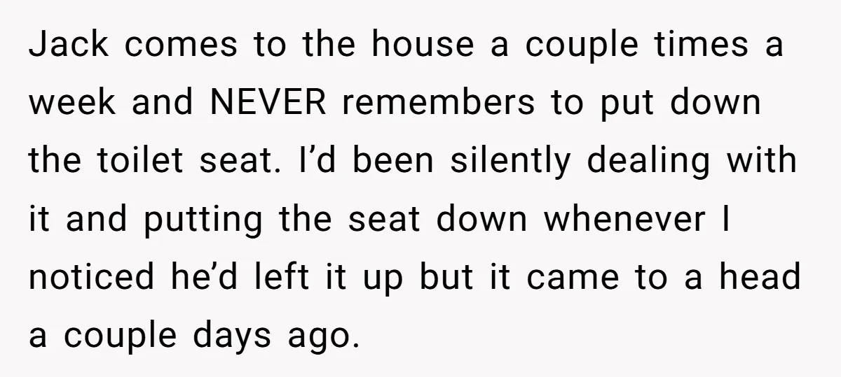 Jack comes to the house a couple times a week and NEVER remembers to put down the toilet seat. I’d been silently dealing with it and putting the seat down...