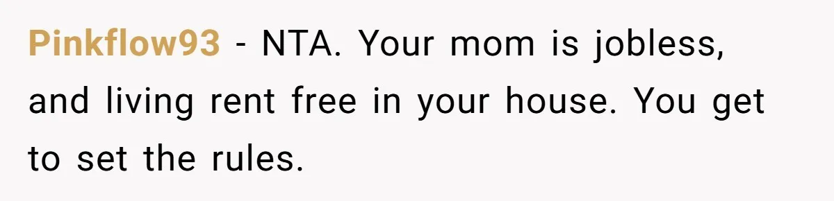 Pinkflow93 − NTA. Your mom is jobless, and living rent free in your house. You get to set the rules.
