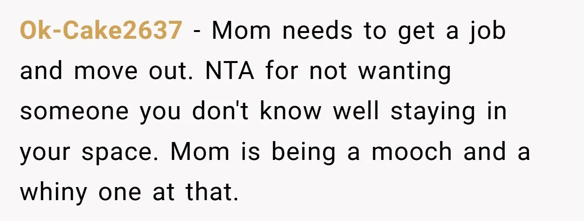Ok-Cake2637 − Mom needs to get a job and move out. NTA for not wanting someone you don't know well staying in your space. Mom is being a mooch and...
