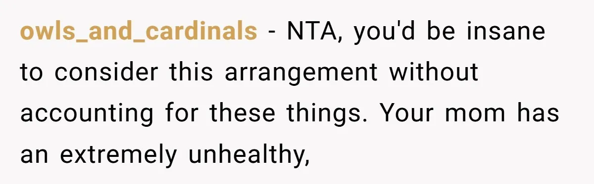 owls_and_cardinals − NTA, you'd be insane to consider this arrangement without accounting for these things. Your mom has an extremely unhealthy,