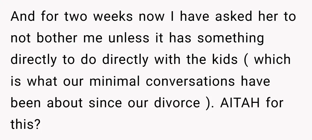 And for two weeks now I have asked her to not bother me unless it has something directly to do directly with the kids ( which is what our minimal...