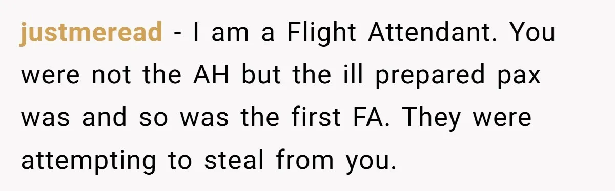 justmeread − I am a Flight Attendant. You were not the AH but the ill prepared pax was and so was the first FA. They were attempting to steal from...