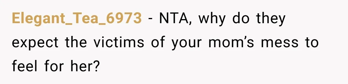 Elegant_Tea_6973 − NTA, why do they expect the victims of your mom’s mess to feel for her?