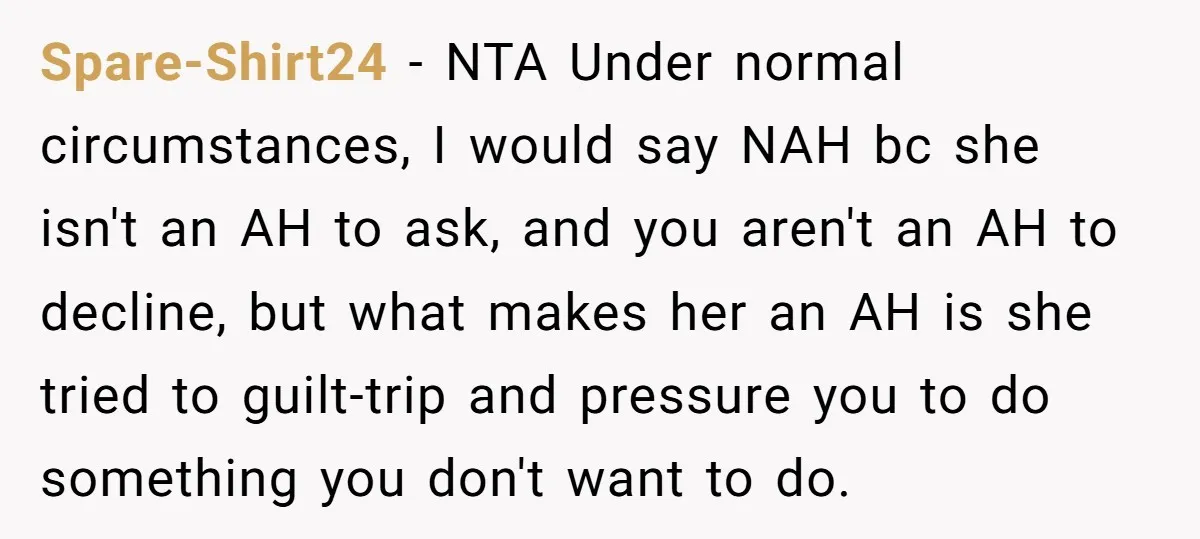 Spare-Shirt24 − NTA Under normal circumstances, I would say NAH bc she isn't an AH to ask, and you aren't an AH to decline, but what makes her an AH...