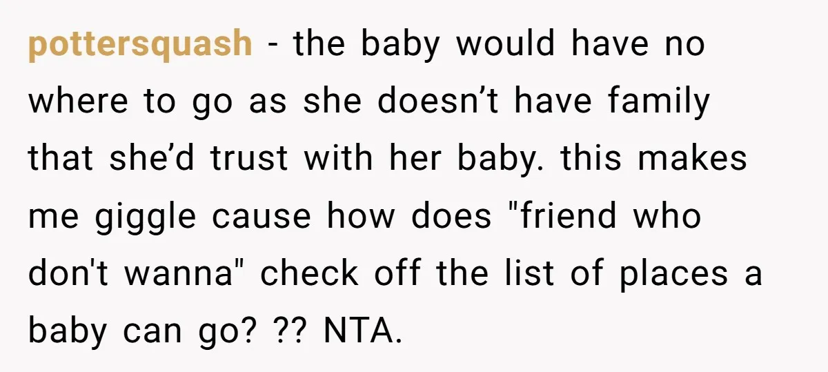 pottersquash − the baby would have no where to go as she doesn’t have family that she’d trust with her baby. this makes me giggle cause how does "friend who...