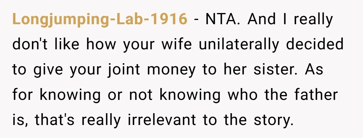 Longjumping-Lab-1916 − NTA. And I really don't like how your wife unilaterally decided to give your joint money to her sister. As for knowing or not knowing who the father...