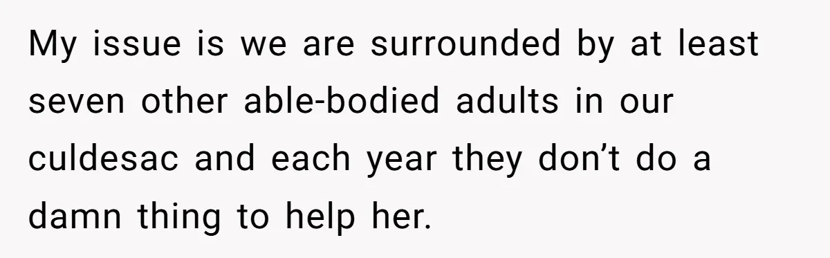 My issue is we are surrounded by at least seven other able-bodied adults in our culdesac and each year they don’t do a damn thing to help her.