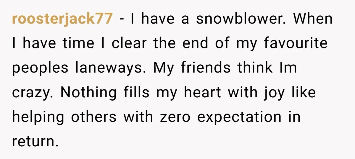 roosterjack77 − I have a snowblower. When I have time I clear the end of my favourite peoples laneways. My friends think Im crazy. Nothing fills my heart with joy...