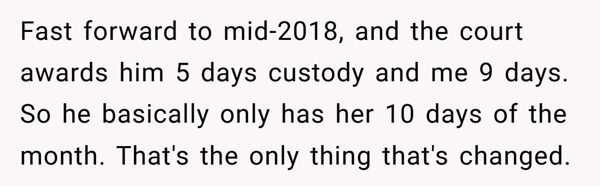 Fast forward to mid-2018, and the court awards him 5 days custody and me 9 days. So he basically only has her 10 days of the month. That's the only...