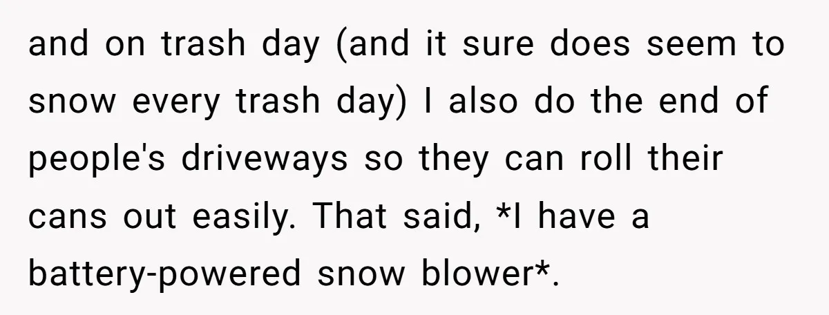and on trash day (and it sure does seem to snow every trash day) I also do the end of people's driveways so they can roll their cans out easily....