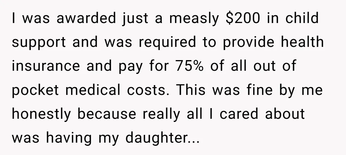 I was awarded just a measly $200 in child support and was required to provide health insurance and pay for 75% of all out of pocket medical costs. This was...