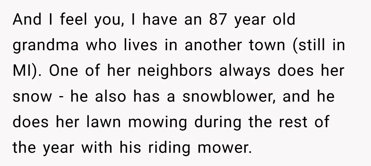 And I feel you, I have an 87 year old grandma who lives in another town (still in MI). One of her neighbors always does her snow - he also...
