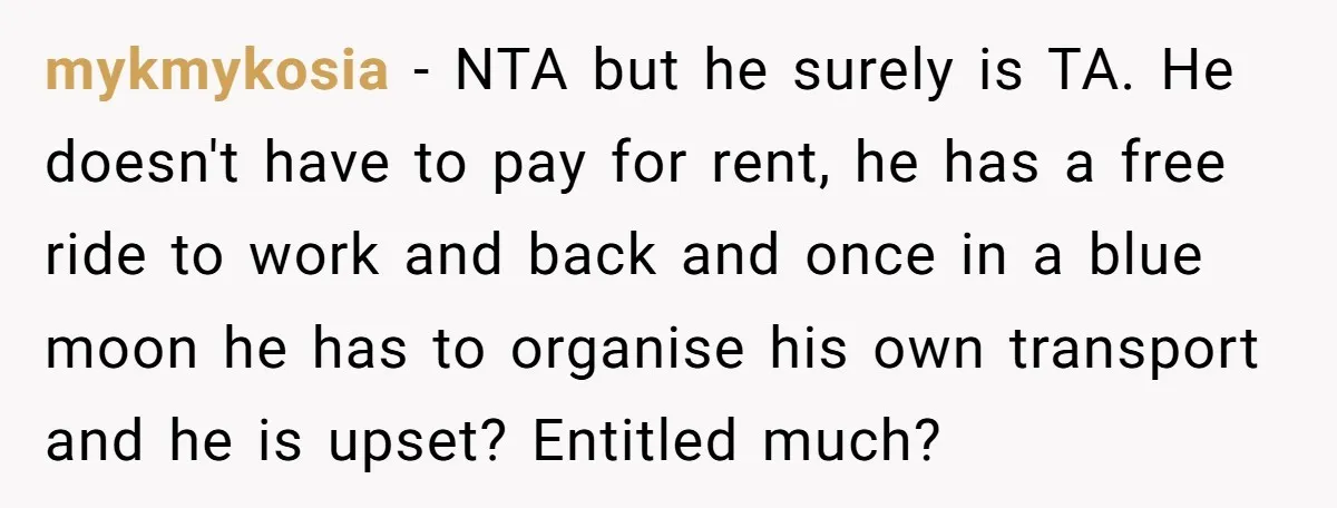 mykmykosia − NTA but he surely is TA. He doesn't have to pay for rent, he has a free ride to work and back and once in a blue moon...