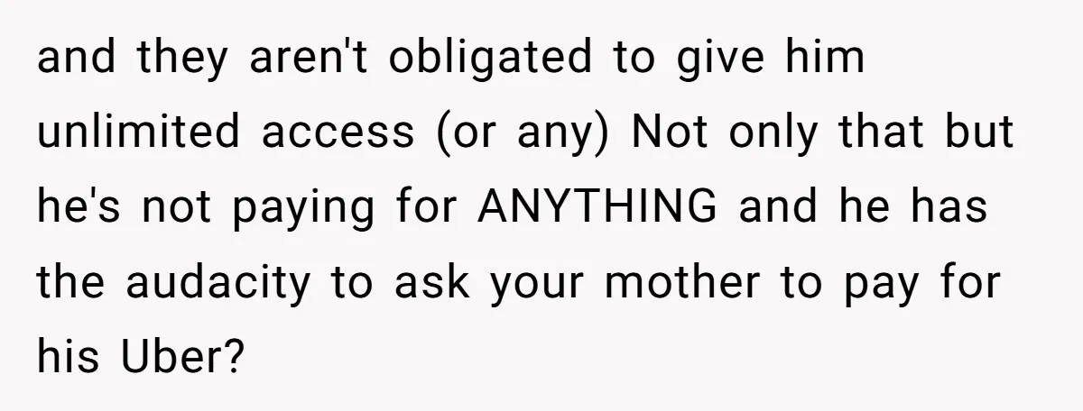 and they aren't obligated to give him unlimited access (or any) Not only that but he's not paying for ANYTHING and he has the audacity to ask your mother to...