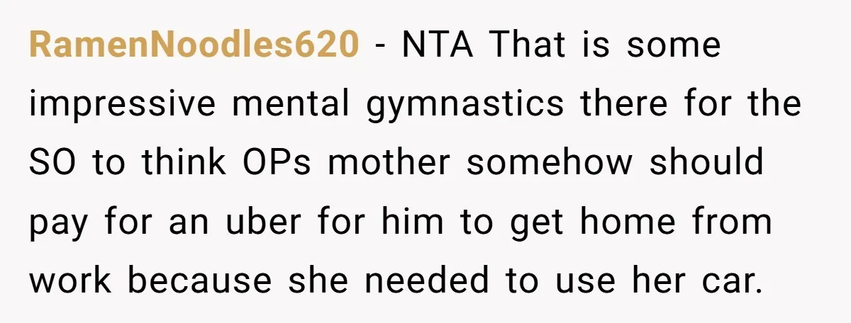 RamenNoodles620 − NTA That is some impressive mental gymnastics there for the SO to think OPs mother somehow should pay for an uber for him to get home from work...