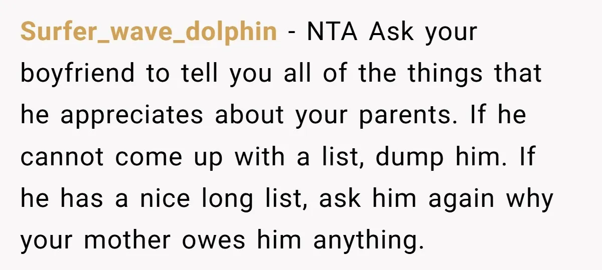 Surfer_wave_dolphin − NTA Ask your boyfriend to tell you all of the things that he appreciates about your parents. If he cannot come up with a list, dump him. If...