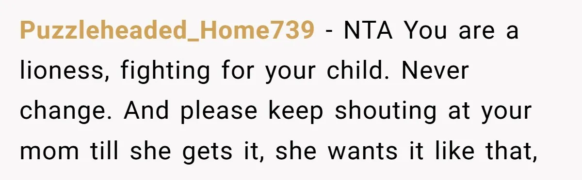 Puzzleheaded_Home739 − NTA You are a lioness, fighting for your child. Never change. And please keep shouting at your mom till she gets it, she wants it like that,