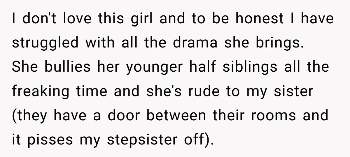 I don't love this girl and to be honest I have struggled with all the drama she brings. She bullies her younger half siblings all the freaking time and she's...