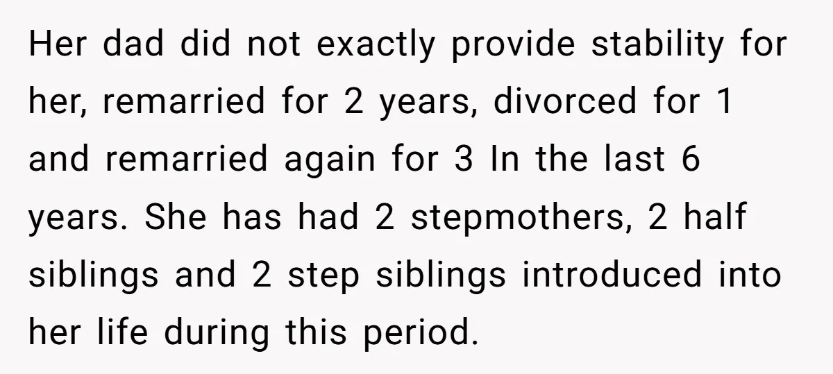 Her dad did not exactly provide stability for her, remarried for 2 years, divorced for 1 and remarried again for 3 In the last 6 years. She has had 2...