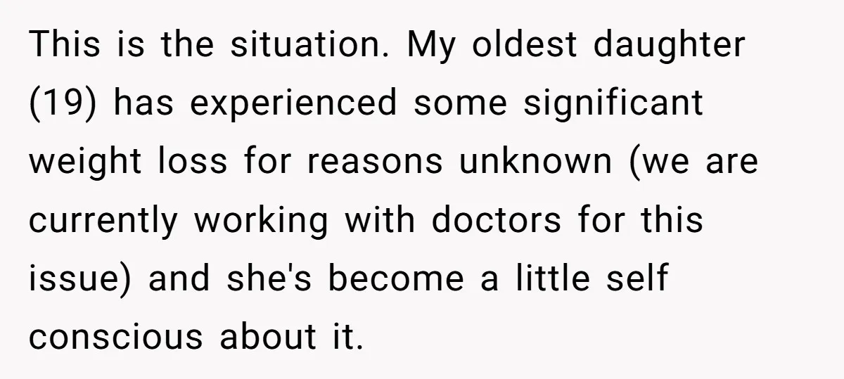 This is the situation. My oldest daughter (19) has experienced some significant weight loss for reasons unknown (we are currently working with doctors for this issue) and she's become a...