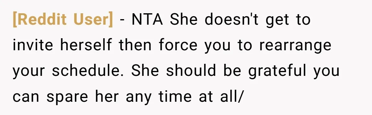 [Reddit User] − NTA She doesn't get to invite herself then force you to rearrange your schedule. She should be grateful you can spare her any time at all/