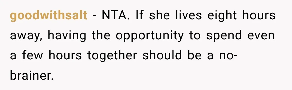 goodwithsalt − NTA. If she lives eight hours away, having the opportunity to spend even a few hours together should be a no-brainer.