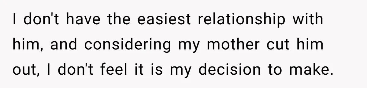 I don't have the easiest relationship with him, and considering my mother cut him out, I don't feel it is my decision to make.