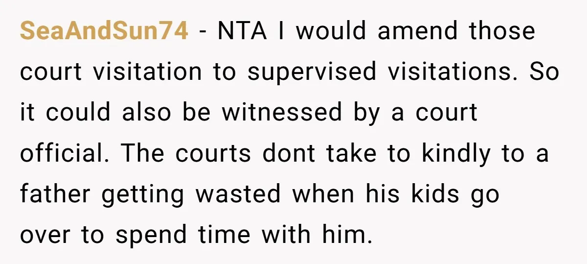 SeaAndSun74 − NTA I would amend those court visitation to supervised visitations. So it could also be witnessed by a court official. The courts dont take to kindly to a...
