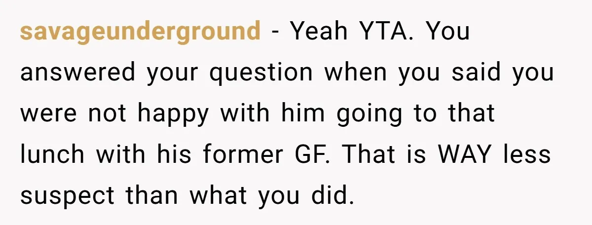 savageunderground − Yeah YTA. You answered your question when you said you were not happy with him going to that lunch with his former GF. That is WAY less suspect...