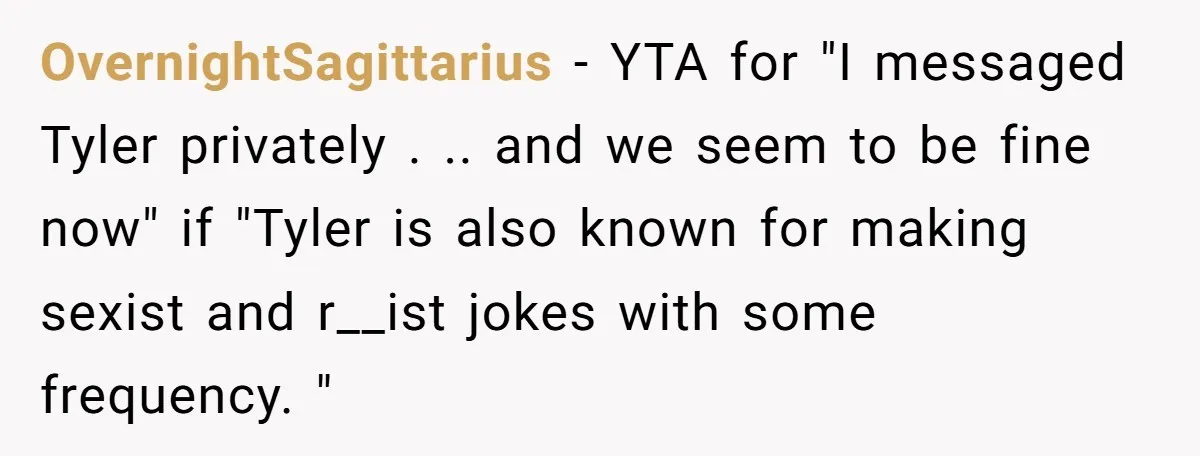 OvernightSagittarius − YTA for "I messaged Tyler privately . .. and we seem to be fine now" if "Tyler is also known for making sexist and r__ist jokes with some...