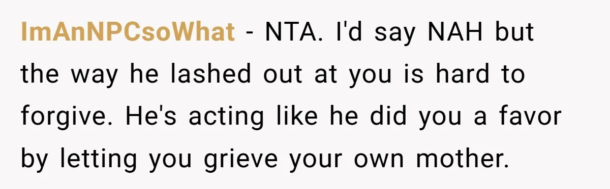 ImAnNPCsoWhat − NTA. I'd say NAH but the way he lashed out at you is hard to forgive. He's acting like he did you a favor by letting you grieve...