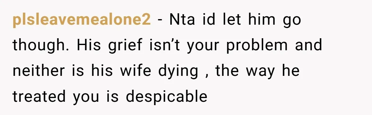 plsleavemealone2 − Nta id let him go though. His grief isn’t your problem and neither is his wife dying , the way he treated you is despicable