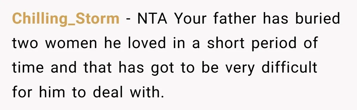 Chilling_Storm − NTA Your father has buried two women he loved in a short period of time and that has got to be very difficult for him to deal with.