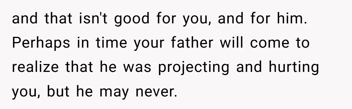 and that isn't good for you, and for him. Perhaps in time your father will come to realize that he was projecting and hurting you, but he may never.