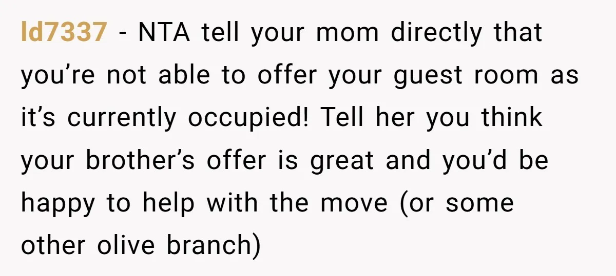 ld7337 − NTA tell your mom directly that you’re not able to offer your guest room as it’s currently occupied! Tell her you think your brother’s offer is great and...