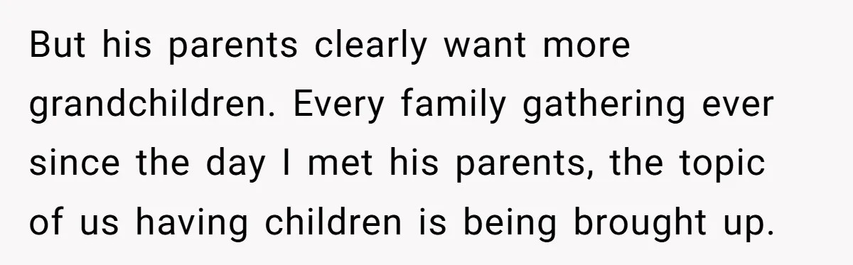 But his parents clearly want more grandchildren. Every family gathering ever since the day I met his parents, the topic of us having children is being brought up.