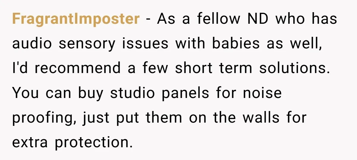 FragrantImposter − As a fellow ND who has audio sensory issues with babies as well, I'd recommend a few short term solutions. You can buy studio panels for noise proofing,...