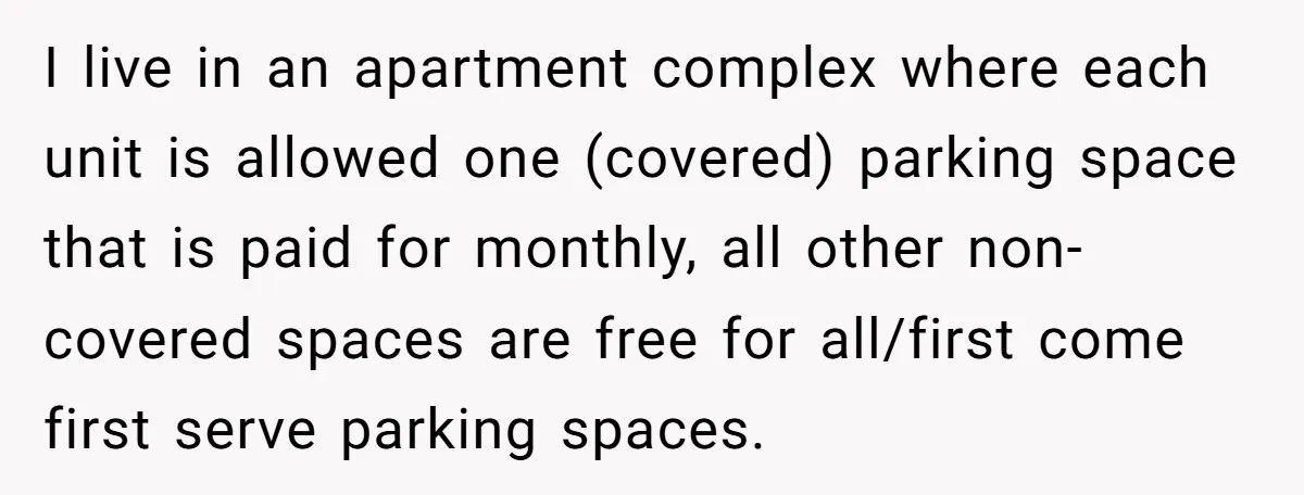 I live in an apartment complex where each unit is allowed one (covered) parking space that is paid for monthly, all other non-covered spaces are free for all/first come first...
