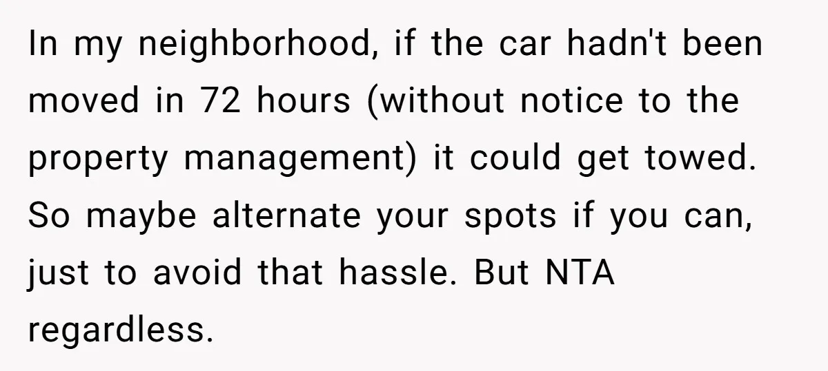 In my neighborhood, if the car hadn't been moved in 72 hours (without notice to the property management) it could get towed. So maybe alternate your spots if you can,...