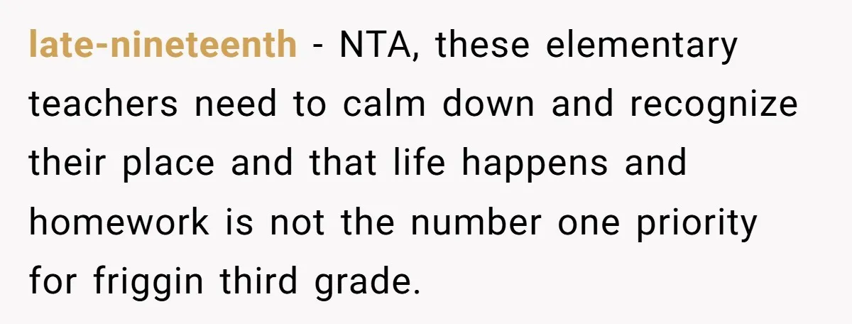 late-nineteenth − NTA, these elementary teachers need to calm down and recognize their place and that life happens and homework is not the number one priority for friggin third grade.
