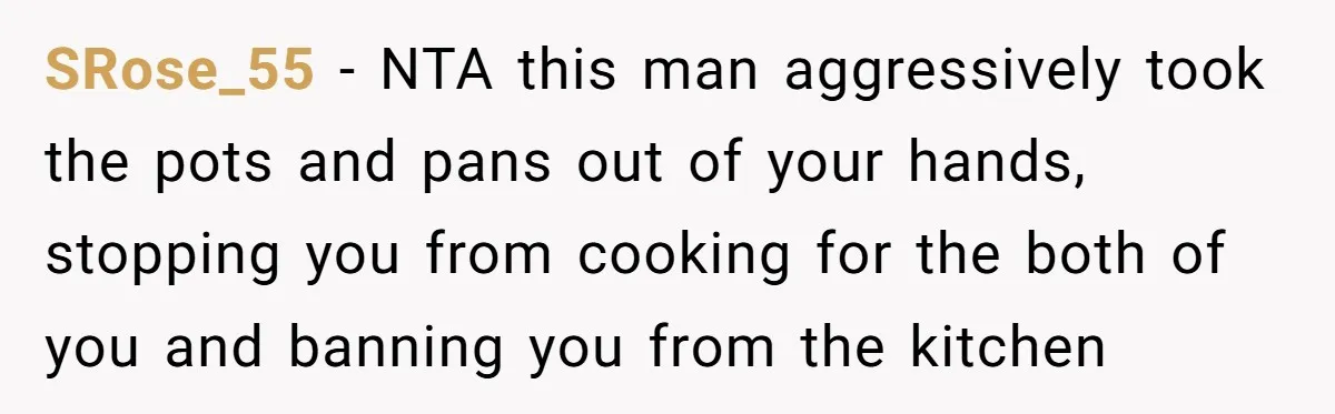SRose_55 − NTA this man aggressively took the pots and pans out of your hands, stopping you from cooking for the both of you and banning you from the kitchen