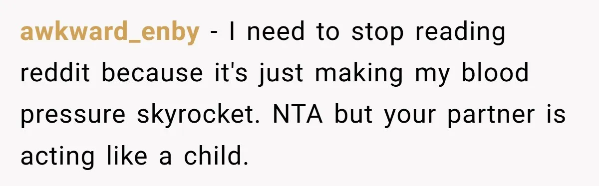 awkward_enby − I need to stop reading reddit because it's just making my blood pressure skyrocket. NTA but your partner is acting like a child.
