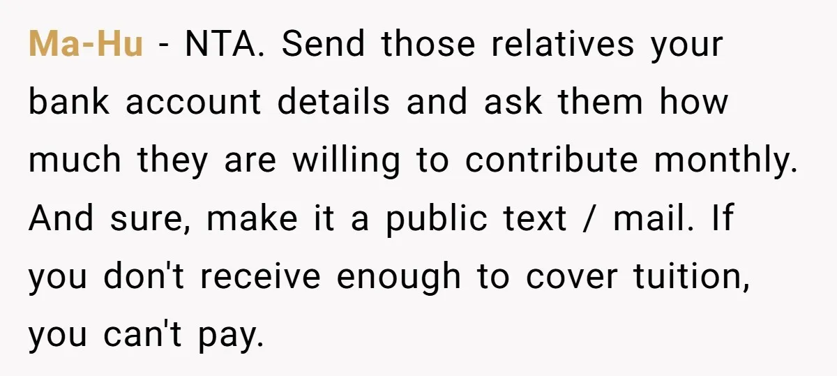 Ma-Hu − NTA. Send those relatives your bank account details and ask them how much they are willing to contribute monthly. And sure, make it a public text / mail....
