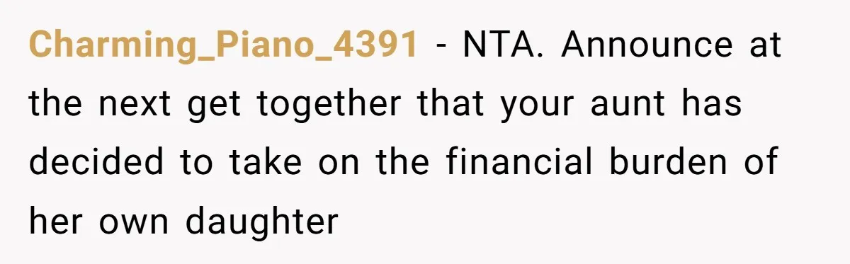 Charming_Piano_4391 − NTA. Announce at the next get together that your aunt has decided to take on the financial burden of her own daughter