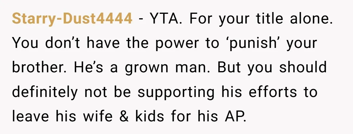 Starry-Dust4444 − YTA. For your title alone. You don’t have the power to ‘punish’ your brother. He’s a grown man. But you should definitely not be supporting his efforts to...
