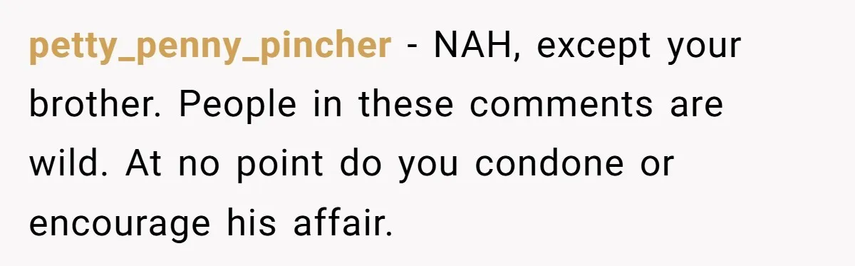 petty_penny_pincher − NAH, except your brother. People in these comments are wild. At no point do you condone or encourage his affair.