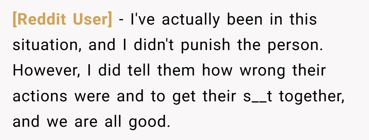 [Reddit User] − I've actually been in this situation, and I didn't punish the person. However, I did tell them how wrong their actions were and to get their s__t...