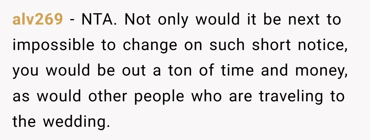 alv269 − NTA. Not only would it be next to impossible to change on such short notice, you would be out a ton of time and money, as would other...