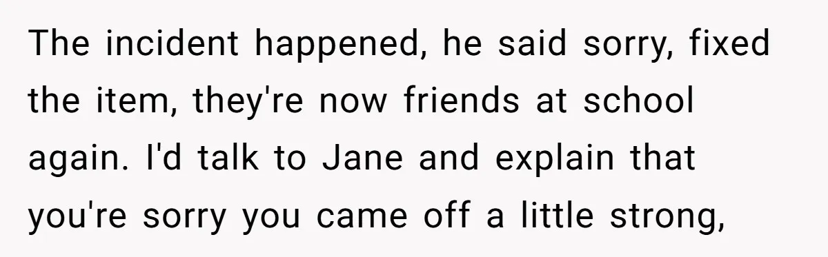 The incident happened, he said sorry, fixed the item, they're now friends at school again. I'd talk to Jane and explain that you're sorry you came off a little strong,